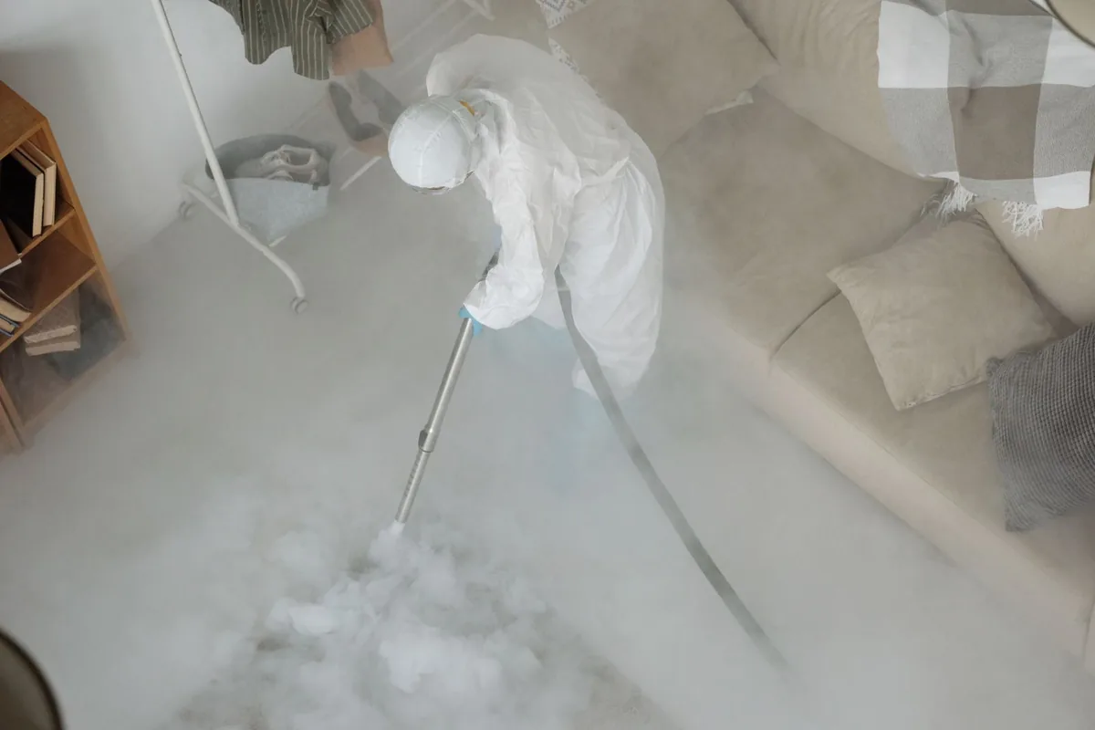 Biohazard cleanup technician in protective equipment, San Jose, Albuquerque, NM